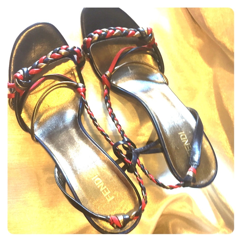 Fendi Red,Gold and Navy braided sandals size 40